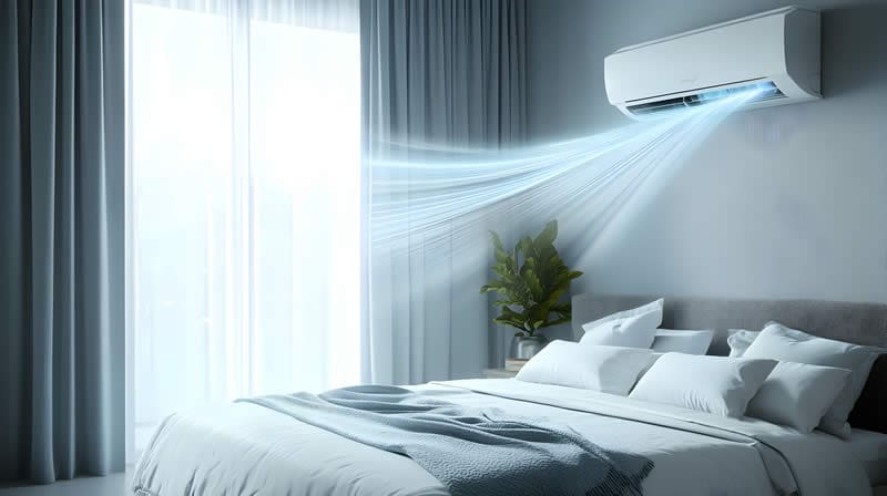 ductless-heat-pump-inside-bedroom Soft Blue Breeze from Energy-Efficient Air Ductless Conditioner Cools Bright Bedroom